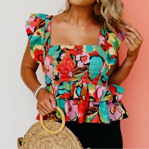 THML‎ Floral Cotton Ruffle Smocked Tank
